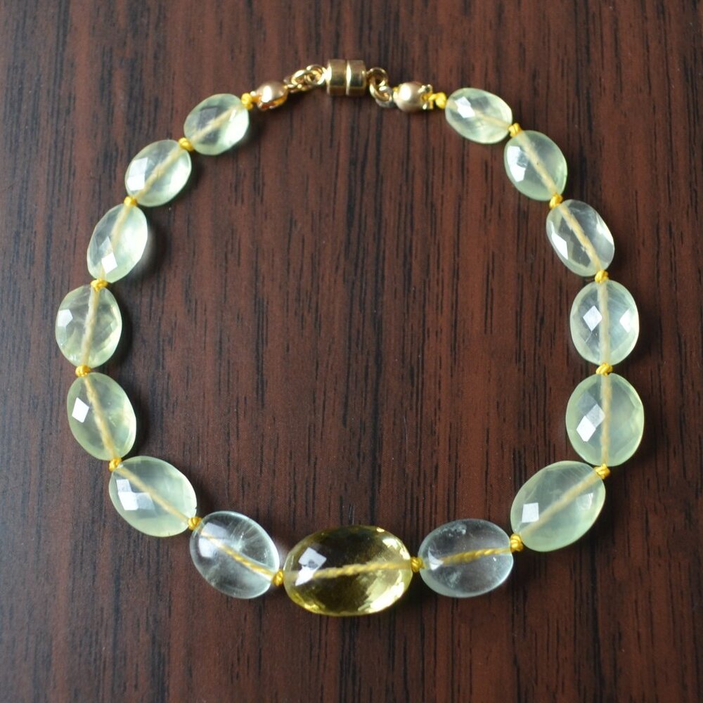 Hand Knotted Gemstone Bracelet with Lemon Quartz and Prehnite